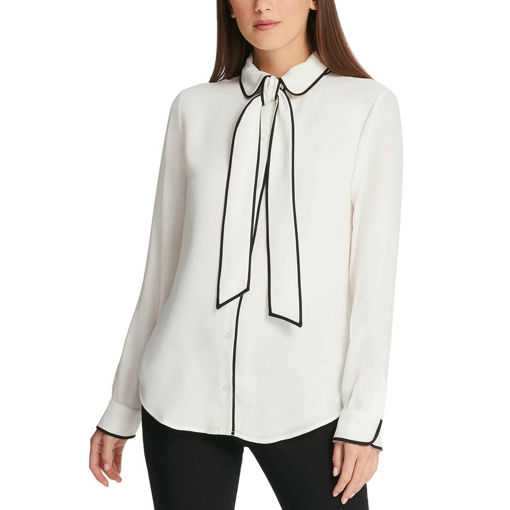 MSRP $69 DKNY Women's Petite Piped-Trim Button-Up Blouse White Size PL